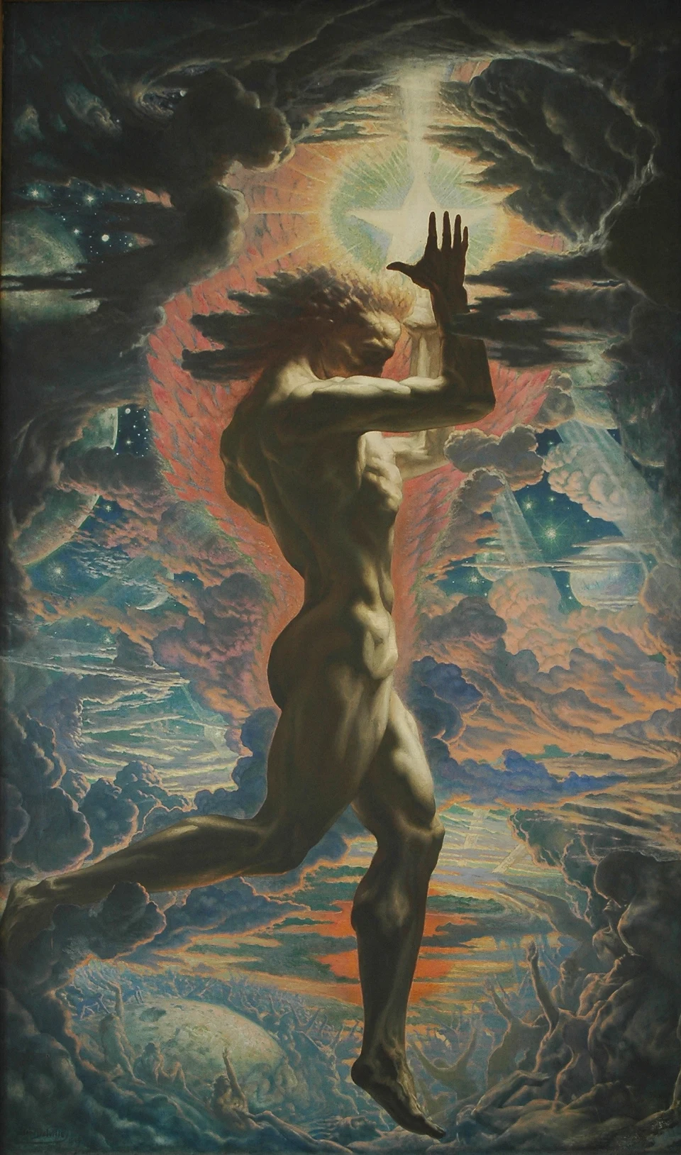 The complete painting Prométhée by Jean Delville, with a figure bearing light above a crowd