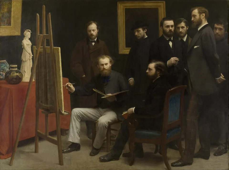 Manet painting at his easel, surrounded by fellow artists and writers, in Henri Fantin-Latour’s painting