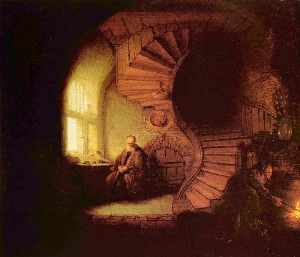 The complete painting The Philosopher in Meditation by Rembrandt, an old man seated by a window at the foot of a spiral staircase